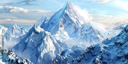Mountain, Snow-Capped Peaks: Majestic mountains covered in snow, often sought after for winter themes. Close Up. 