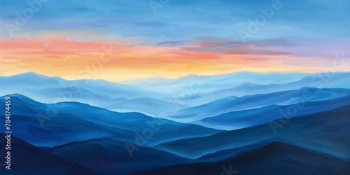 Oil painting, Mountain, Sunrise and Sunset: Captivating views of mountains at dawn and dusk, highlighting vibrant skies. Close Up.  © Thanthara