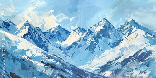 Oil Painting, Mountain, Snow-Capped Peaks: Majestic mountains covered in snow, often sought after for winter themes. Close Up. 