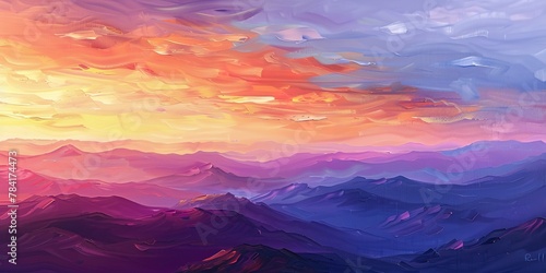 Oil painting, Mountain, Sunrise and Sunset: Captivating views of mountains at dawn and dusk, highlighting vibrant skies. Close Up.