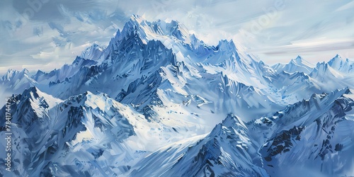 Oil Painting, Mountain, Snow-Capped Peaks: Majestic mountains covered in snow, often sought after for winter themes. Close Up. 