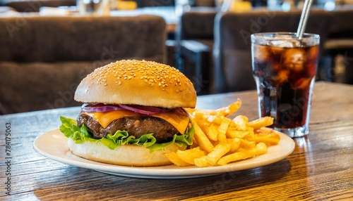 Cheeseburger with fries on plate and cola. Restaurant table