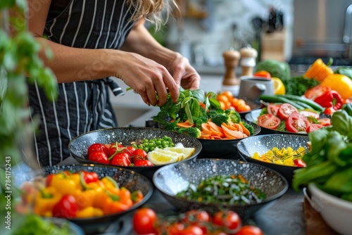 Person preparing fresh salads with a variety of colorful vegetables in a kitchen.