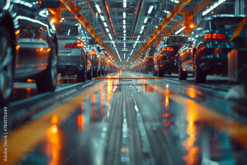 Production line with vehicles in a car manufacturing plant, showcasing industrial automation. - obrazy, fototapety, plakaty 
