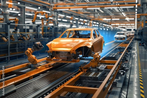 Automated robotic arms working on vehicle assembly line in car factory.