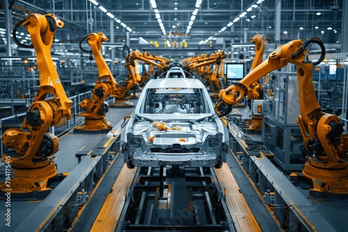 Industrial robots assembling a car on a factory production line.