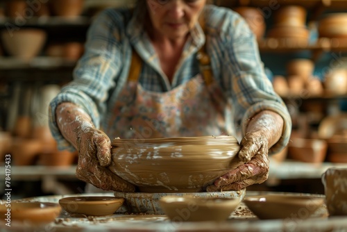 Elderly potter creates ceramic bowl on pottery wheel in a workshop.