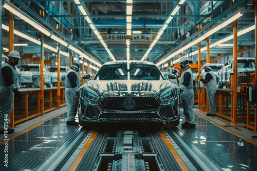 Workers inspecting a luxury car on an assembly line in a modern factory.