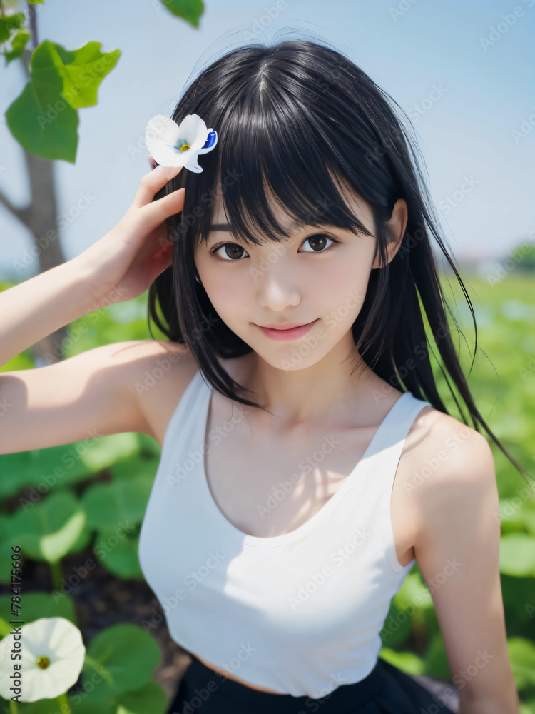 青空の花畑と笑顔の若い女性 青空の花畑と笑顔の若い女性