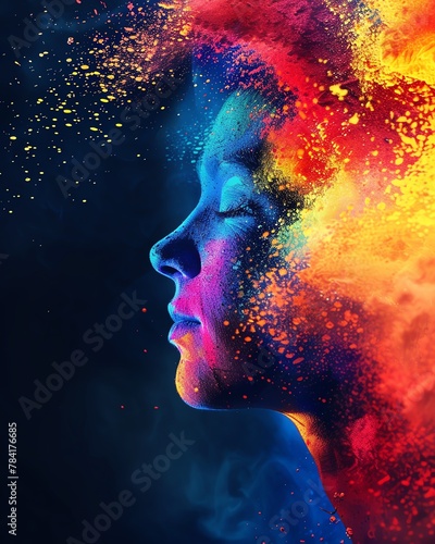 Half of a head with a multicolor explosion, conceptual, high contrast, side light