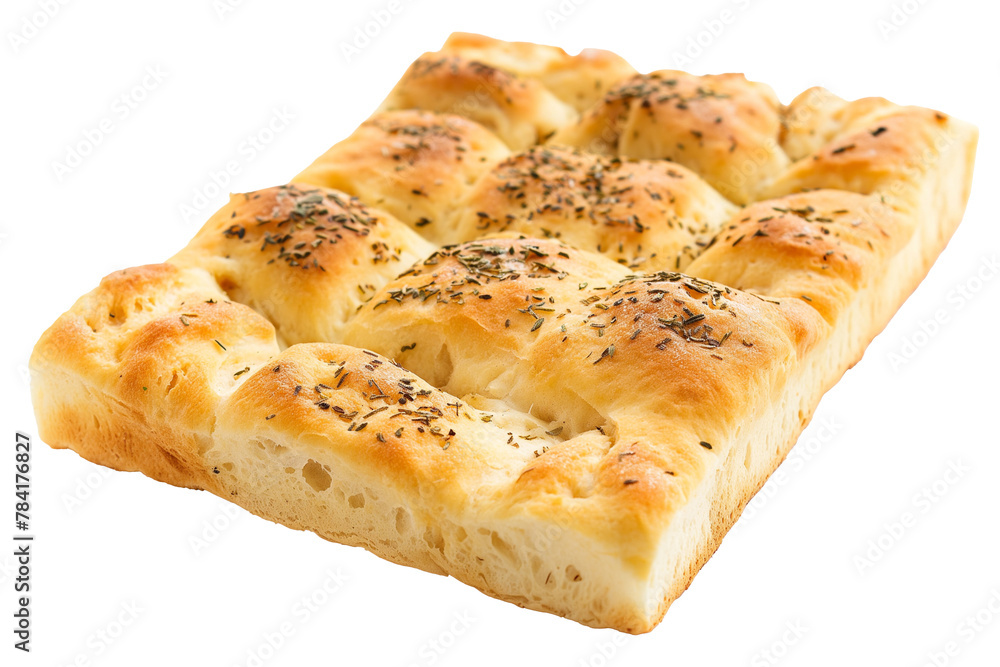 Stack of focaccia bread sprinkled with herbs accompanied by rosemary on a transparent background