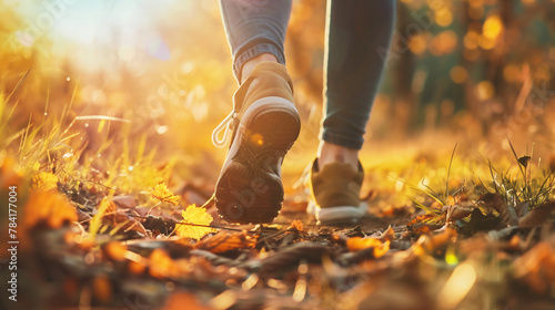 Female legs in sneakers and jeans on a background of autumn leaves photo