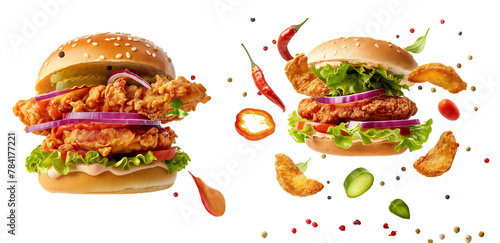Delicious hamburger with fresh vegetables floating on a transparent background