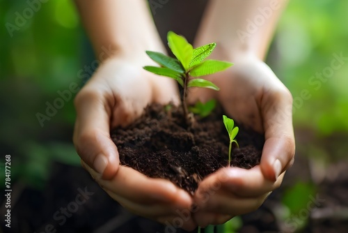 environment Earth Day In the hands of trees growing seedlings. Bokeh green Background Female hand holding tree on nature field grass Forest conservation Generative AI