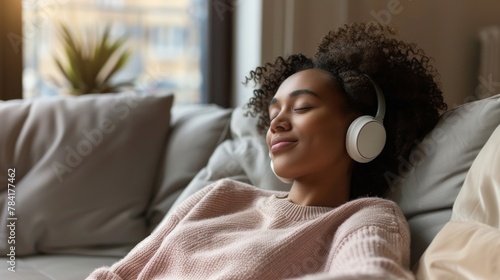 A young woman listens to calming music with her eyes closed and a peaceful smile on her face. photo