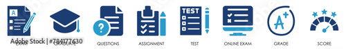 Exam icon set. Containing test, score and so on. Flat examination icons set. photo