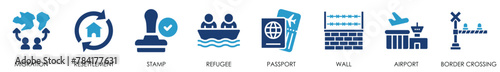 Migration icon set. Containing visa, passport, border and so on. Flat migration icons set.