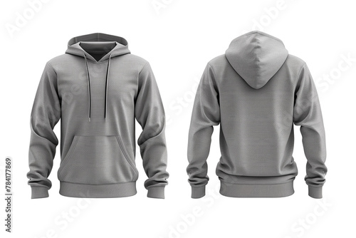 Blank grey hoodie mockup isolated on a transparent background, front and back view