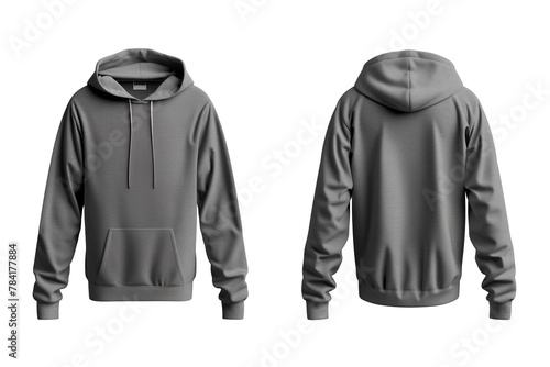 Blank grey hoodie mockup isolated on a transparent background, front and back view