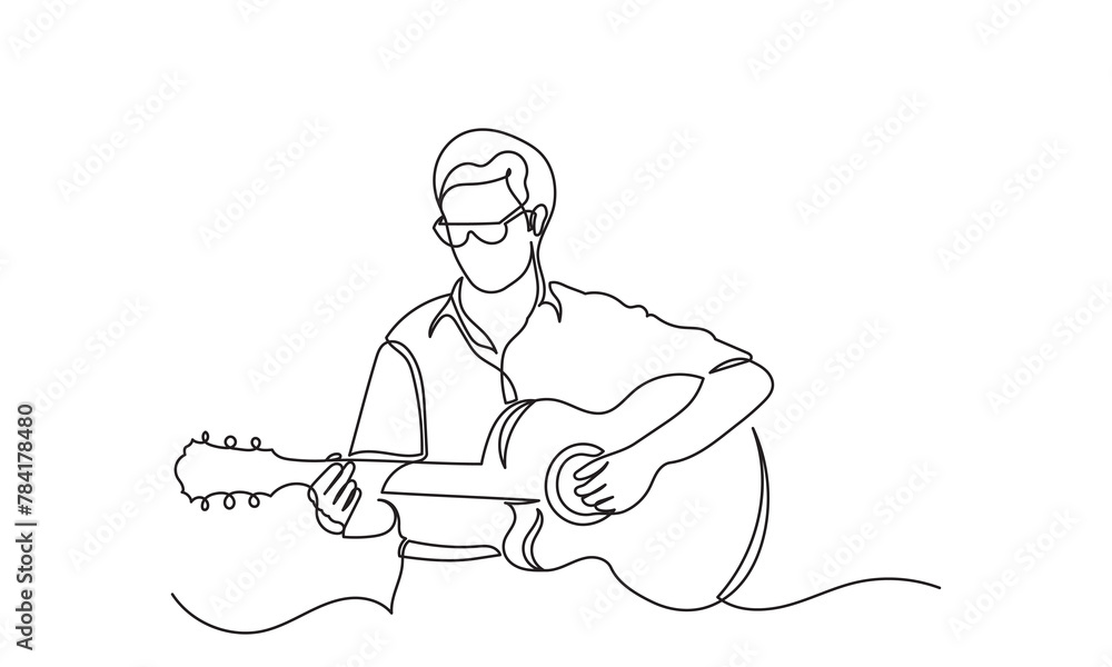 Single one-line drawing of a singer with a guitar.continuous line drawing rock star man singing with a microphone.pop singer, rock star concept vector illustration.
