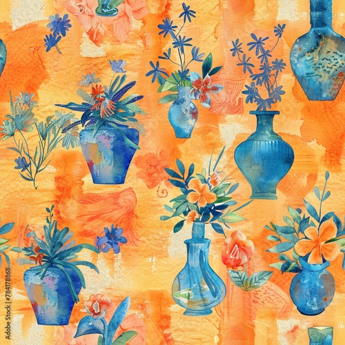 The abstract design of a seamless pattern, flowers, plants in the garden, pots, vases, orange and blue pastel tones, artistic and modern, the natural illustration of the style of watercolors. photo