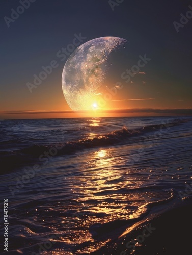 Majestic Full Moon Rising Over Tranquil Ocean Waves at Sunset - A Breathtaking Natural Scenery for Relaxation and Inspiration © Absent Satu