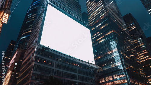 Blank White Billboard in Big City Environment at Night