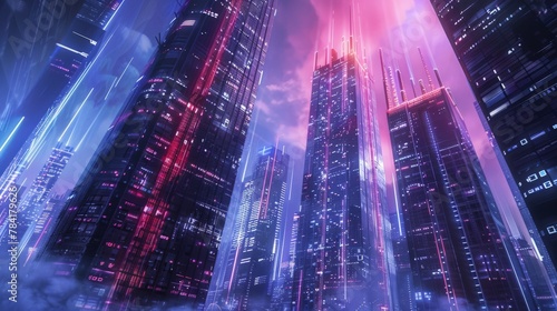 Futuristic cityscape with high-tech skyscrapers and digital data streams © Sasint