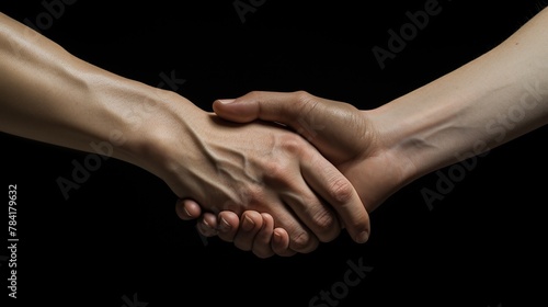 Male and female hand joined in gesture isolated on black background.