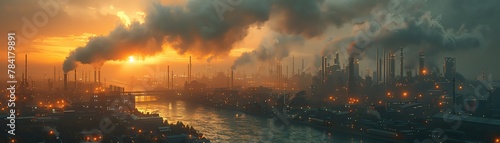 Bring to life a digital rendering of an expansive industrial landscape, featuring numerous factories with smoke drifting from chimneys and intricate ducts and pipes Create a dynamic scene that showcas photo
