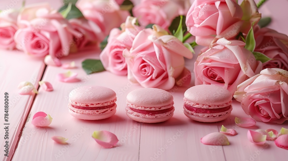 Attractive Happy Mother's Day background of pink roses and macaron cookies on pink wood table Attractive Happy Mother's Day background of pink roses and macaron cookies on pink wood table