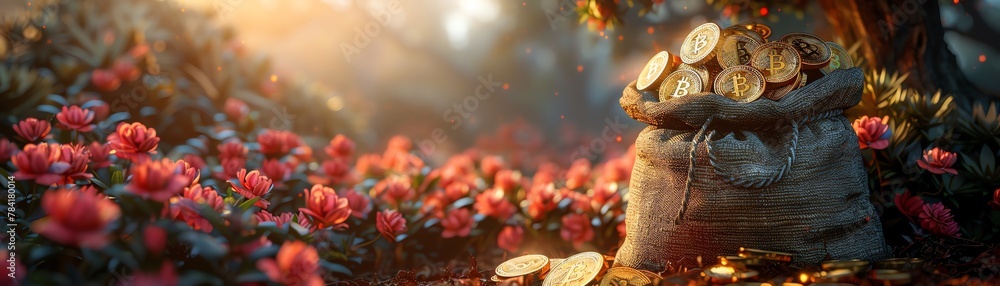 Capture the essence of wealth and technology with a stunning digital rendering of a full burlap sack bursting with Bitcoins, set against a backdrop of a flourishing tree
