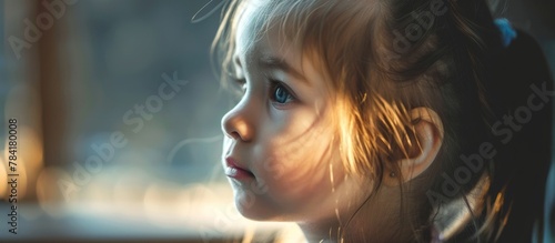 A young child is attentively looking through a window, exploring the view outside with curiosity