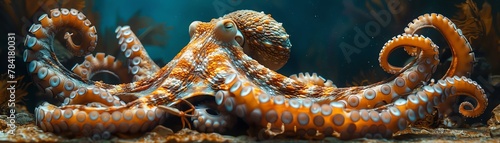 Capture the mystery of the ocean with an octopus hunting in the deep! Imagine a slow-moving creature with tentacles poised to bite, set in a marine scene with a blue background Include a crab caught i
