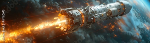 Craft a dynamic digital rendering of a futuristic spaceship launching into space, capturing the intense blastoff moment with intricate details and realistic lighting effects photo