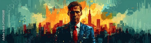 Craft a pixel art depiction of a man in a classic business suit, radiating a sense of authority and confidence Focus on the strategic placement of pixels to accentuate his facial features and professi photo