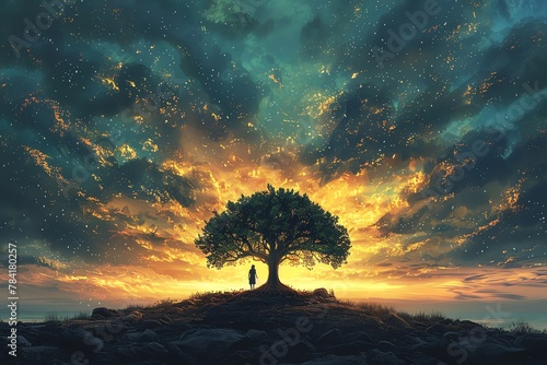 Illustrate a peaceful scene in vector art style showing a tree of knowledge standing tall, emanating a powerful glow of insight and inspiration for the viewer photo
