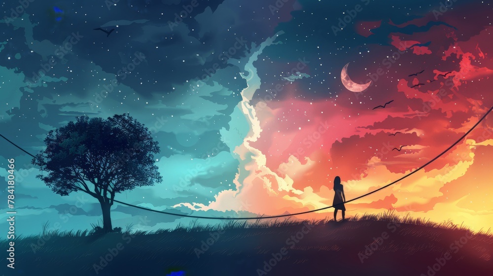 Obraz premium An illustration of balance, featuring a tightrope walker between day and night
