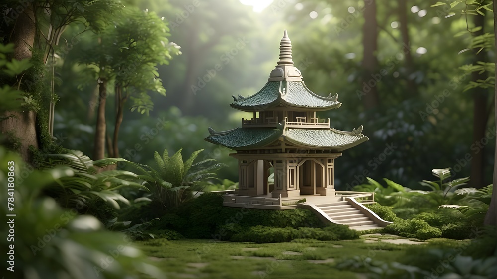 Naklejka premium A photorealistic image showcasing a small pagoda model nestled among lush greenery in a forest setting. The focus is on capturing the intricate details of the pagoda model, including its architecture,