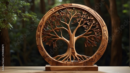 A photorealistic image featuring a wooden sculpture of a tree with a geometric design. The focus is on capturing the intricate details of the wooden sculpture, including the geometric patterns carved  photo