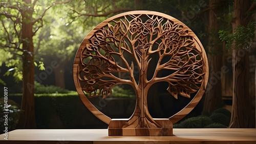 A photorealistic image featuring a wooden sculpture of a tree with a geometric design. The focus is on capturing the intricate details of the wooden sculpture, including the geometric patterns carved 