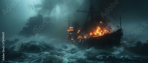 Storm-Engulfed Vessel Ablaze in Ominous Seas. Concept Shipwrecks, Stormy Seas, Ominous Skies, Disaster at Sea photo