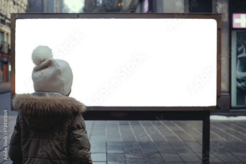 A child looks at a billboard mockup. outdoor advertising, public information board in the street. photo