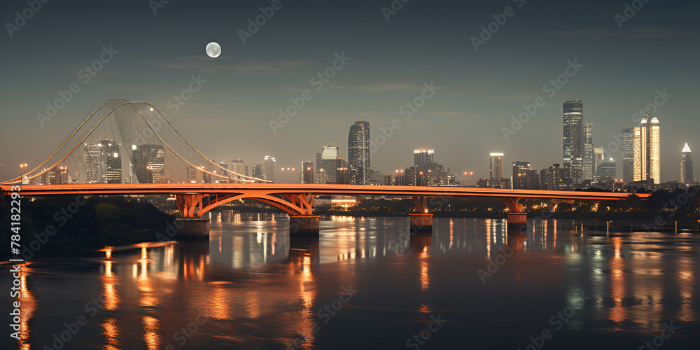  River bridge, urban skyscrapers and bridge over sea with reflection,  Generative AI    