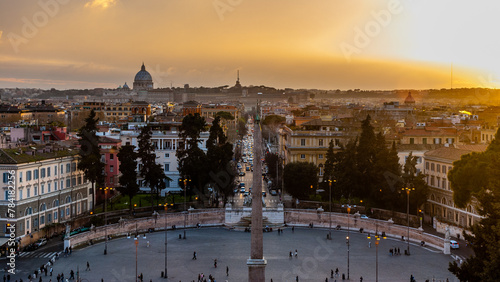 Roma, Italy - May 2 2013: The panorama view of Piazza Popolo from the terrazza Pincio