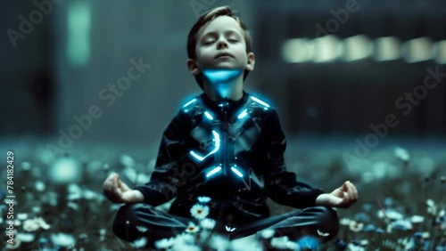 Amidst a dark background strewn with flowers, a little boy sits with eyes closed, quietly meditating. With a calm expression, he sits cross-legged as if seeking inner peace.  photo