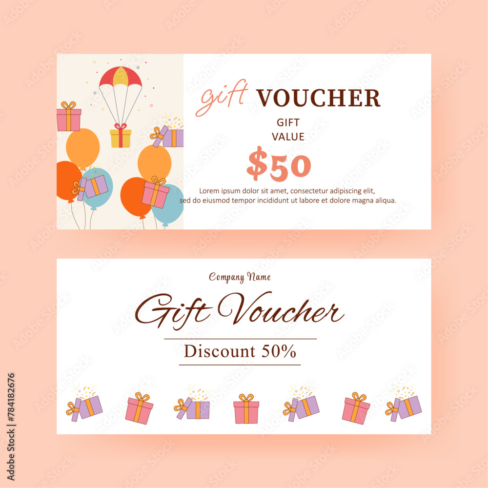 gift voucher voucher. Coupon template with colorful balls decoration and gift bx. elegant aesthetic design. good for boutique, jewelry, floral shop, beauty salon, spa, fashion, flyer, banner design 64