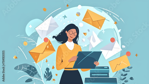 An engaging illustration of a young woman using a laptop with whimsical envelopes swirling around, symbolizing digital communication. 