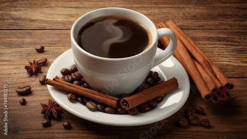 White cup of hot coffee with cinnamon on saucer and beans on wooden table realistic