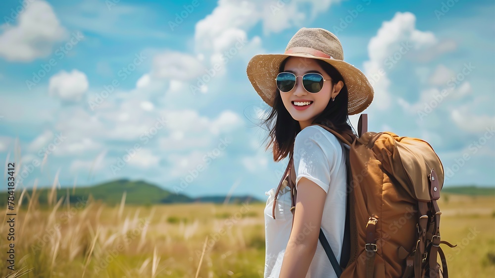 young tourist woman travel in savanna, sunglasses and backpacks going to travel on holidays